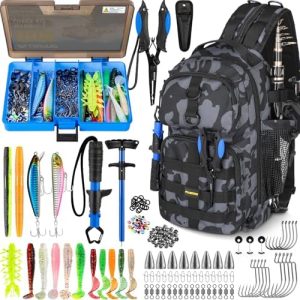 PLUSINNO Fishing Backpack with Tackle Boxes, Waterproof Fishing Sling Tackle Bag For Fishing Gear With Rod Holder, Fishing Gifts for Men With Fishing lures, Fishing pliers, Fish Lip Gripper.
